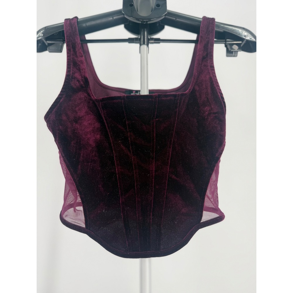 Burgundy Velvet Corset Top Mesh Panel Bustier Crop Tank‎ Y2K Clubwear Soft